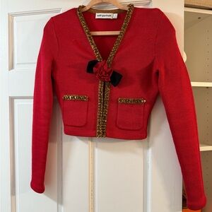 Self-Portrait red textured cardigan with Gold Trim